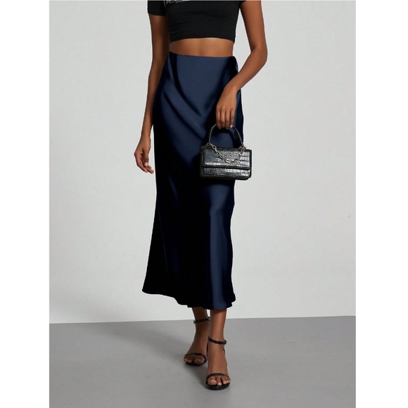 Navy Blue Satin A-Line Skirt High Waisted Long - Picture 7 of 9